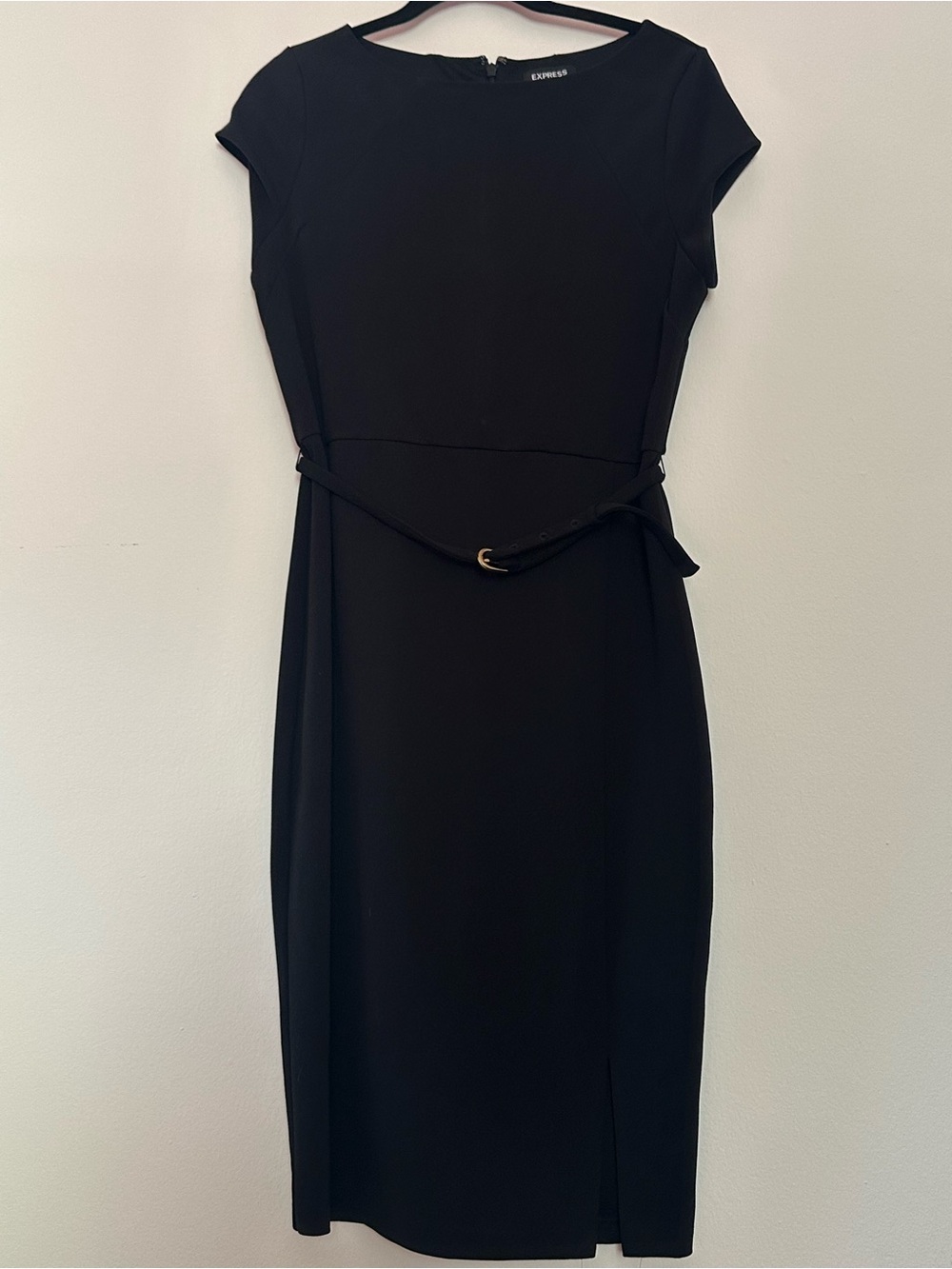 Express Cap Sleeve Belted Little Black Midi Dress